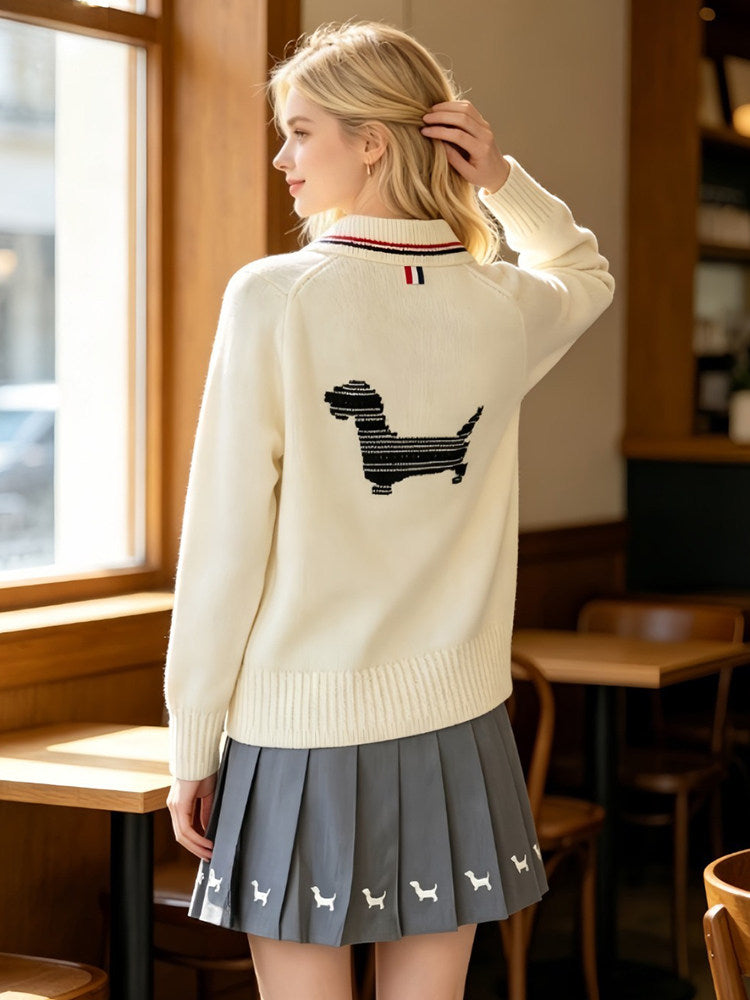 Thom Browne Style Dog Motif Polo-Collar Wool Cardigan