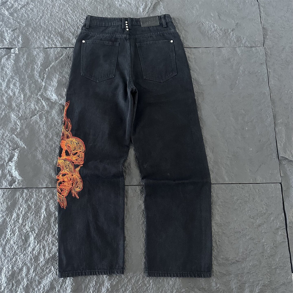 derschutze high-street style embroidered jeans for women, black straight-leg wide-leg pants, trendy and versatile fashion brand trousers.