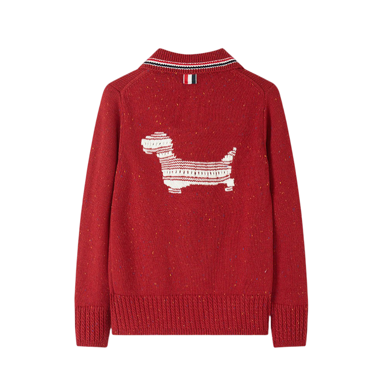 Thom Browne Style Dog Motif Polo-Collar Wool Cardigan