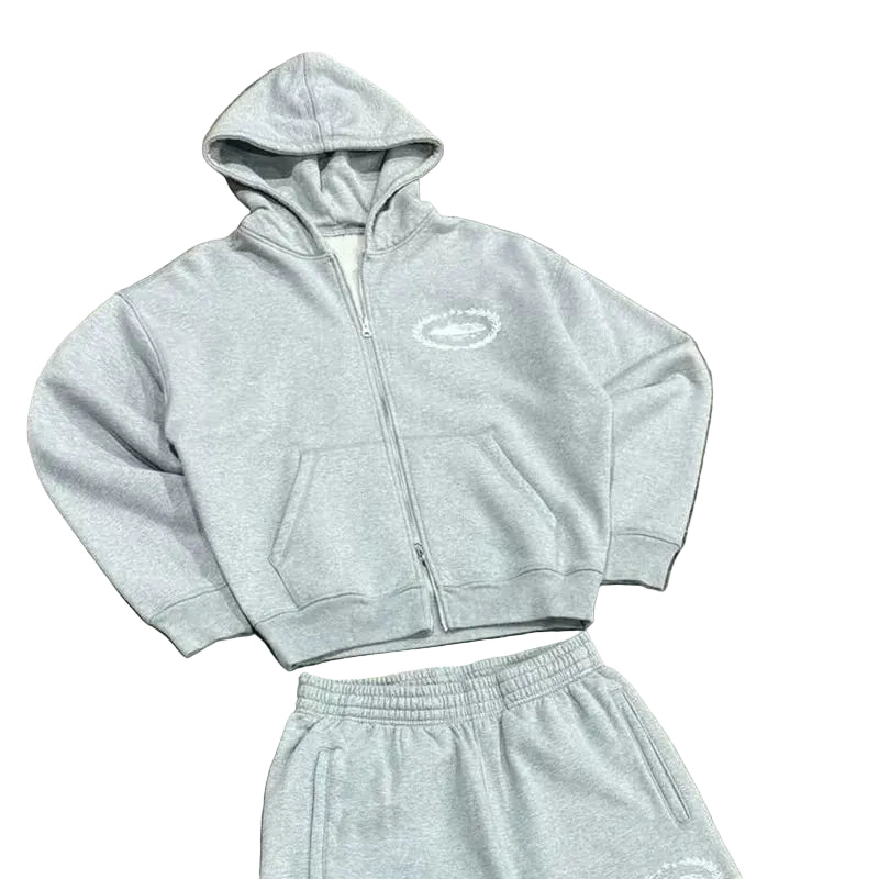 Corteiz Laurel Island Badge Cropped Zip Hoodie – Heather Grey (+ Matching Pants)