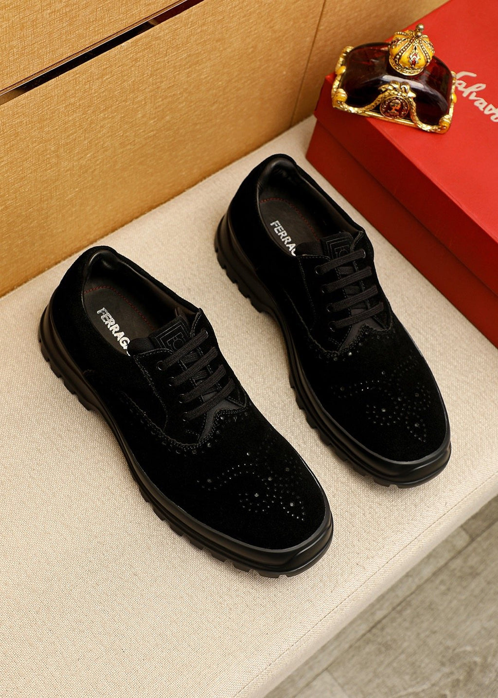 Ferragamo Men's Black Perforated Lace-Up Shoes