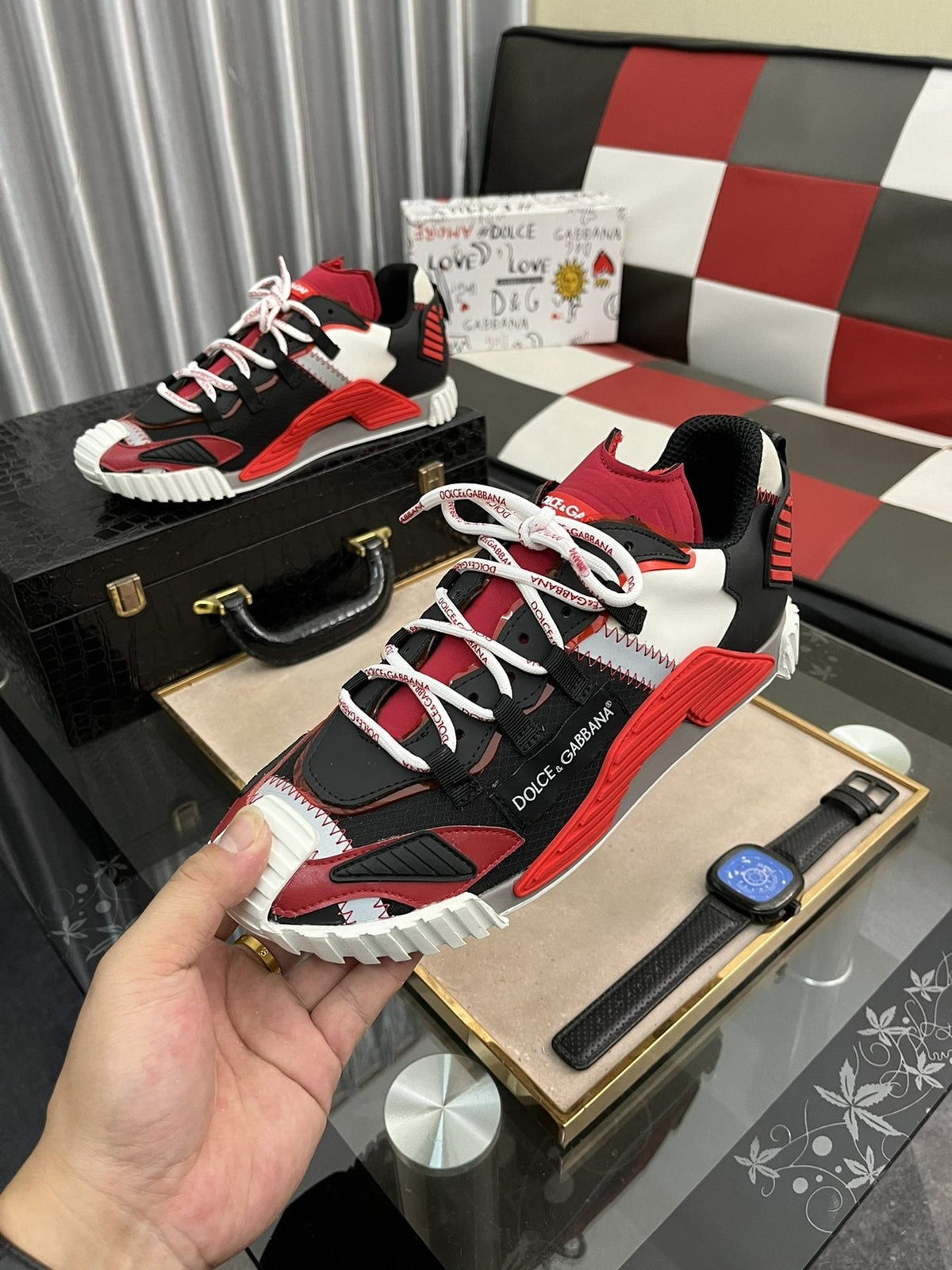 Dolce & Gabbana Men's Black and Red Chunky Sneakers